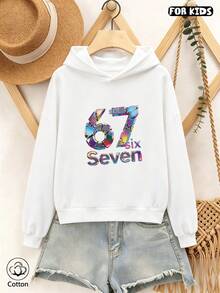 Kids Hooded Sweatshirt With Colorful Geometric '67 Six Seven' Print, Loose Fit Breathable Casual Style For Spring Autumn Daily Wear & Outdoor Activiti - White - View 2