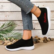 Sepatu Lari Rajut Kasual Luar Ruangan Sporty Wanita untuk Semua Musim dengan Motif Garis-garis - merah hitam - View 4