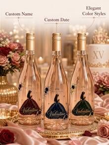 2/4/8pcs Customized Wine Bottle Label Stickers, Personalized Name & Date, Princess Dress Floral Butterfly Pattern, Sweet 15 15th Birthday Party Favor Table Decor - Multicolor - View 8