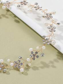 1pc Children's Pearl Rhinestone Hair Vine, Shiny Crystal Floral Headband With Ribbon Tie, Suitable For Girls' Birthday, Party, Pageant And Photo Shoot - Multicolor - View 7