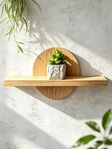 Wooden Wall-Mounted Floating Shelf, Round Backboard Wall Storage Rack, Minimalist Solid Wood Bedroom Study Display Shelf, Succulent Photo Frame Decorative Wall Shelf - Multicolor - View 7