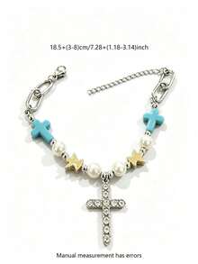 1pc Men's Necklace, Silver Titanium Steel, Faux Pearl Cross Pendant Inlaid With CZ, Personalized Necklace, Daily Commute Gift - Multicolor - View 6