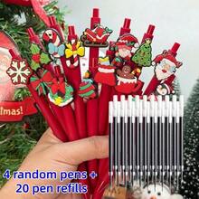 24pcs(4 Pens + 30 Refills) Christmas Theme Ballpoint Pens, Neutral Pens, Cartoon Gingerbread Man, Santa Claus, Snowflake And Other Random Styles, Black Medium Nib, Clickable Ballpoint Pens, Comfortable Grip, Smooth Writing, Suitable For Student Supplies, Fun Stationery, Office And School Daily Writing Tools. - Multi-color Set - View 14