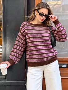 Women's Brown Pink White Colorblock Striped Knit Sweater, Vintage Round Neck Raglan Long Sleeve Loose Soft Short Pullover Top, Knit Sweater For Women - Brown - View 1