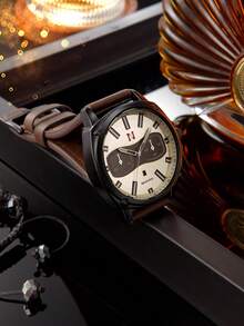 Never-Stop Men's Quartz Watch Round Color-Block Multifunction Chronograph Dial Stitched Embossed Leather Strap Workwear Men's Watch Multi-Color Options Daily Versatile Holiday Gift - one-size - View 2