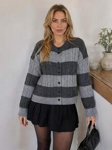 Wixra Women Round Neck Color Block Stripe Cable Knit Cardigan Long Sleeve Button Down Loose Short Knit Jacket - Grey - View 5
