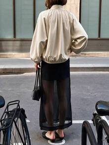 Spring/Autumn Cinched Waist Stand Collar Elastic Cuff Long Sleeve Loose Fit Flight Jacket Street Casual - Apricot - View 6