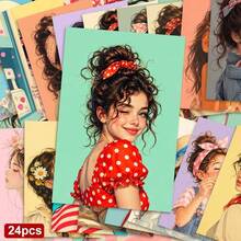 24pcs+A Red Envelope Charming Aesthetic Postcards, Exquisite Girl Sweet Expressions, Suitable For Friend Birthday Celebration, Vintage Art Style Decorative Stationery - Sets - View 11