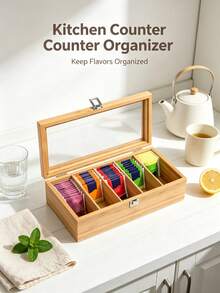 Wooden Tea Bag Storage Box Clear Glass‑Lid Divided Compartment Neat Tea Packet Organizer Decorative Countertop Tea Caddy For Kitchen Pantry Coffee Bar Table Decor - Natural Wood Color - View 1