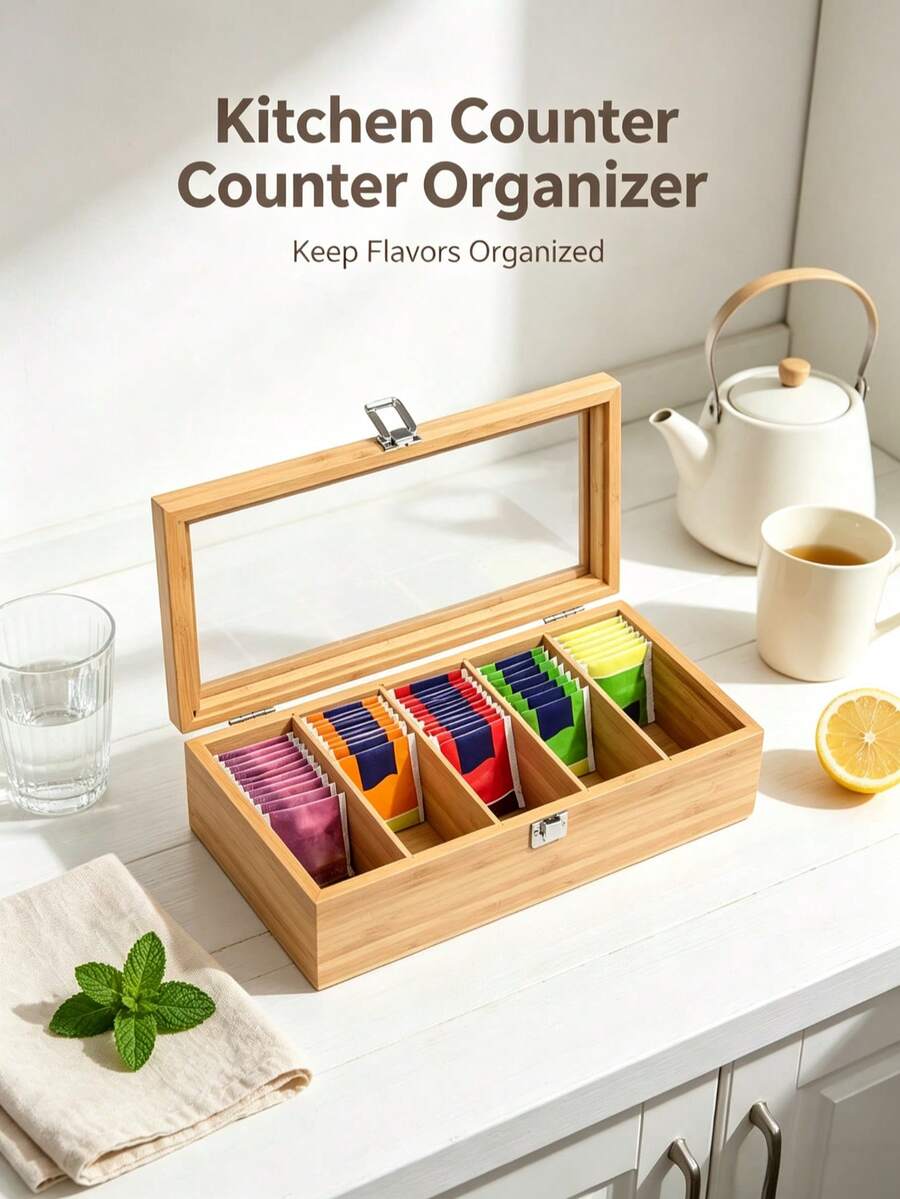 Wooden Tea Bag Storage Box Clear Glass‑Lid Divided Compartment Neat Tea Packet Organizer Decorative Countertop Tea Caddy For Kitchen Pantry Coffee Bar Table Decor - Natural Wood Color - View 1