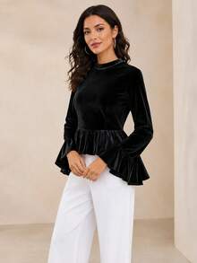 Jotten Women's Velvet Bell Sleeve Ruffle Hem Top, Elegant Semi-High Neck Lace Trim Long Sleeve Blouse - Black - View 2