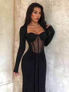 1pc Solid Color Elegant Knitted Fabric Dress For Wedding Autumn - Black - View 3