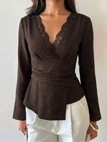 Minimalist Elegant Romantic Fashion Commuter Lace Patchwork Waist Pleated Asymmetric V-Neck Pullover Blouse, Fashion Asymmetric Wrap Pleated Detail Suitable For Spring And Autumn Wear - Coffee Brown - View 3