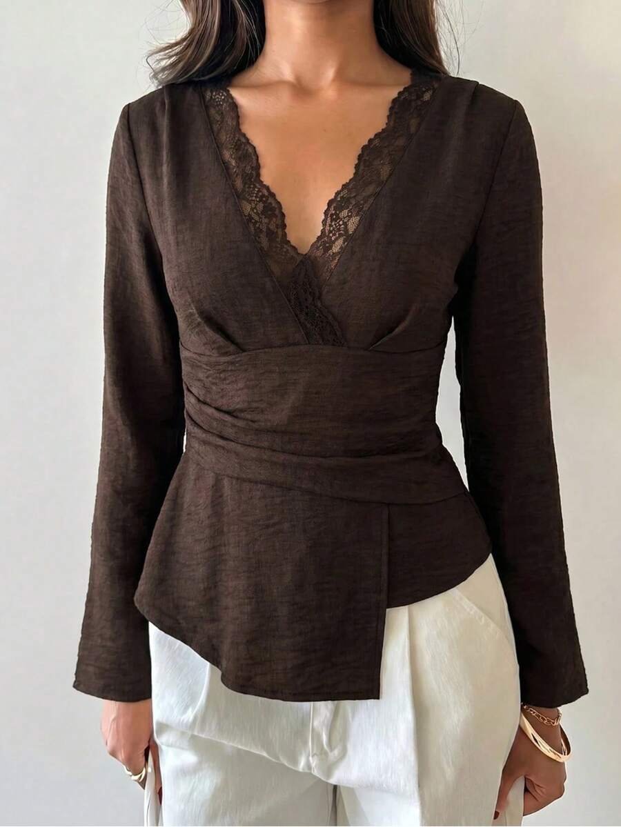 Minimalist Elegant Romantic Fashion Commuter Lace Patchwork Waist Pleated Asymmetric V-Neck Pullover Blouse, Fashion Asymmetric Wrap Pleated Detail Suitable For Spring And Autumn Wear - Coffee Brown - View 1