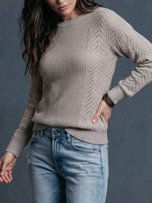 Plus Size Women's Oatmeal Color Knit Sweater, Long Sleeve Round Neck Straight Loose Fit With Cable Cable Hollow Texture, Minimalist Casual Commute Daily Office Autumn/Winter Party Top - Khaki - View 4