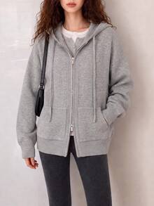 Women's Autumn/Winter Elegant Minimalist Casual Hooded Cardigan Jacket - Light Grey - View 3