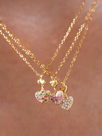 3pcs/1pc Heart Pendant Stainless Steel Necklace 18K Gold Plated Cubic Zirconia Inlaid Delicate Collarbone Chain Gift For Girlfriend/Women Suitable For Daily Wear And Vacation