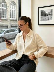 Women's Ribbed Knit Cardigan With Turn-Down Collar, Front Button Long Sleeve Loose Knit Top, Casual Commute Knit Sweater For Autumn/Winter - Apricot - View 4