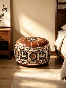 1pc New Leather Storage Bag, Soft Leather Unpadded Storage Stool, Living Room Bedroom Storage Stool, Shoe Changing Storage Sofa, Round Storage Bag, Suitable For Home, Car, Garden, Sunroom, Home Decor, Back To School Season, Room Decoration - Jiurui Chengxiang - Brown - View 7
