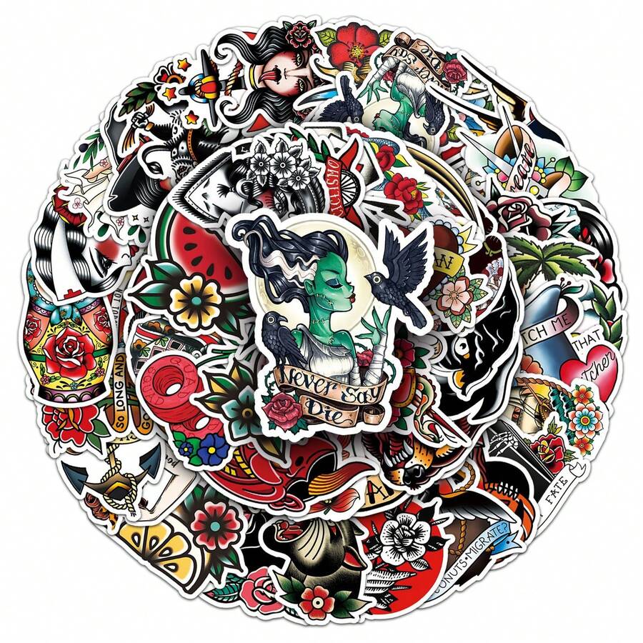 50pcs Cool Tattoo Pattern Graffiti Stickers Creative Waterproof Stickers For Laptop Luggage Scooter Decoration - 50PCS - View 1