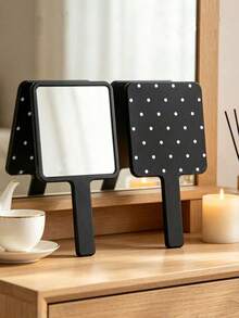 1 Black And White Polka Dot Handheld Makeup Mirror, Square High-Definition Makeup Mirror With Handle, Portable Vanity Mirror, Suitable For Daily Makeup And Travel - Multicolor - View 5