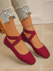 Spring/Autumn New Women's Burgundy Flat Shoes, Cross Elastic Strap, Square Toe, Slip-On, Soft, Versatile Ballet Style Mary Jane Shoes - Burgundy - View 4