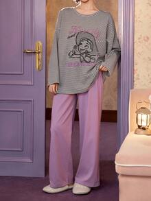 Gongdie 2 Pieces Disney Women's Pajama Set,Fall Gray Striped Soft Cotton Loungewear With Pocket - Grey - View 8