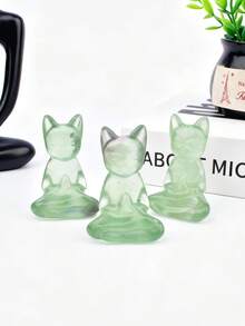 Natural Green Fluorite Meditating Cat Carving, Crystal Meditation Cat Hand-Held Piece, Cute Desktop Mineral Craft Ornament - Fluorite Cat - View 3