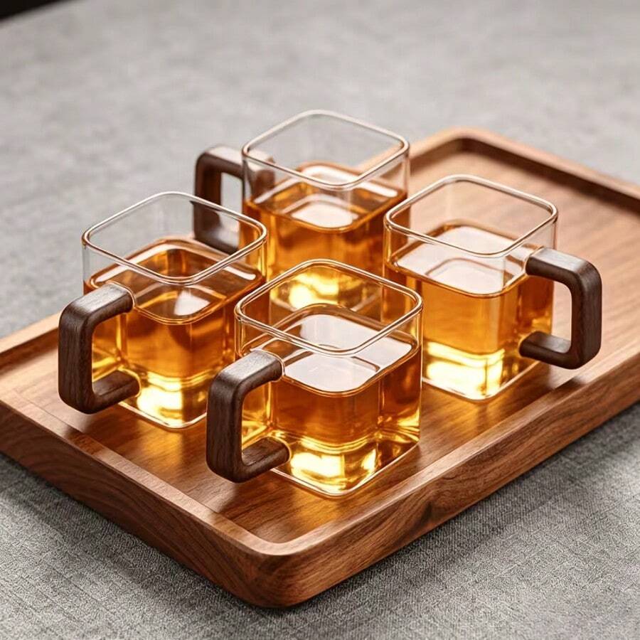 2/4pcs, Vintage Glass Tea Cups, Kung Fu Tea Set, Square Handle, Japanese Style Portable Home Tea Cups, Suitable For Festivals, Weddings, Christmas, Parties - Transparent - View 1