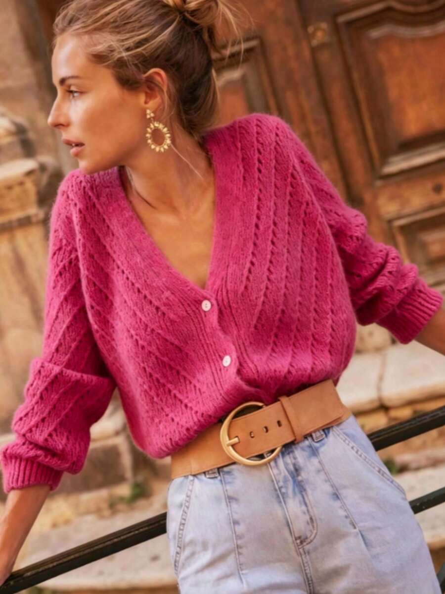 Women's Solid Color Casual Versatile Daily Wear Cardigan - Hot Pink - View 1