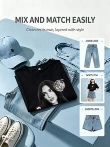 Oversized T‑Shirt DuaLipa Disco‑Motivdruck, weicher Stoff für Konzerte, Musik‑Events und lockere Partytreffen - Schwarz - Übersicht 5