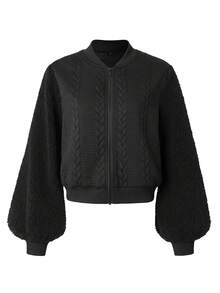 Women's Fashion Elegant Oversized Sleeve Design Lambswool Patchwork Minimalist Casual Solid Color Versatile Short Jacket, Woven Fabric With Zipper, Suitable For Vacation, Office, Daily Wear, Travel, Autumn/Winter - Black - View 3