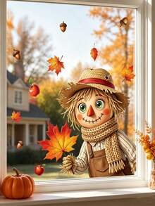 1pc Autumn Leaf Scarecrow Window Sticker, Glue-Free PVC Static Cling, Hello Autumn Design, Creative Aesthetic Maple Leaf Butterfly Fairy Glass Sticker Decoration, Autumn Fallen Leaves Chestnut Red Apple Harvest Thanksgiving Static Window Sticker, Autumn Atmosphere Art Window Sticker Decoration, Suitable For Windows, Living Room, Bedroom, Balcony, Study, Autumn Home Decor - Multicolor - View 3