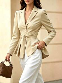 Elegant Women's Cream-Colored Blazer, Woven Fabric, Tie Waist, Ruffle Hem, Exuding Sophisticated Autumn Charm - Apricot - View 5