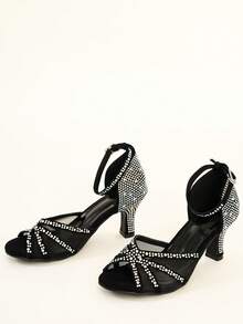 Women's Mesh Rhinestone Latin Dance Sandals, Ankle Strap Chunky Heel Ballroom Performance High Heels - Black - View 6