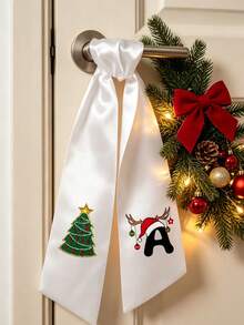 A-Z Letter Print Satin Wreath Sash, Long Decorative Ribbon With Christmas Tree, Santa Hat & Reindeer Antlers Pattern, Home Front Door Wreath Accessory, Holiday Gift Box Bow Ribbon, Christmas Party Home Decor, Gift For Family, Friends, Sisters, Holiday Gift, Back To School, Party Gift (Ribbon Only, Wreath Not Included) - Multicolor - View 1