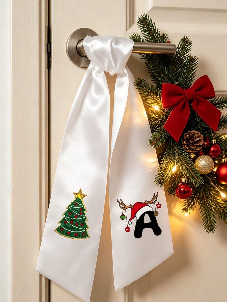 A-Z Letter Print Satin Wreath Sash, Long Decorative Ribbon With Christmas Tree, Santa Hat & Reindeer Antlers Pattern, Home Front Door Wreath Accessory, Holiday Gift Box Bow Ribbon, Christmas Party Home Decor, Gift For Family, Friends, Sisters, Holiday Gift, Back To School, Party Gift (Ribbon Only, Wreath Not Included) - Multicolor - View 1