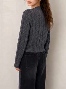Women's New Autumn/Winter Vintage Grey Cable Knit Pullover Sweater, Long Sleeve, Front Embroidery, Short Length, Slightly Elastic Knit Top - Grey - View 2