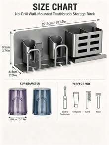 Wall-Mounted Toothbrush Holder Storage Rack, Bathroom Organizer, No-Drill Wall-Mounted Toothbrush Holder With Storage Slot And Cup, Space-Saving Bathroom Storage Rack, Modern Practical Design, Suitable For Electric Toothbrushes, Razors And Toiletries - Multicolor - View 7