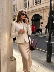 Stand Collar Asymmetric Pearl Button Tweed Cropped Jacket Long Sleeve Elegant Outerwear - Apricot - View 5