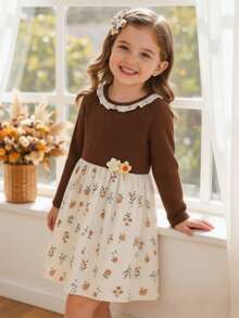 Young Girls Autumn/Winter 2 In 1 Ruffle Collar Floral Decor Knitted Patchwork Ditsy Floral Princess Dress - Khaki - View 3