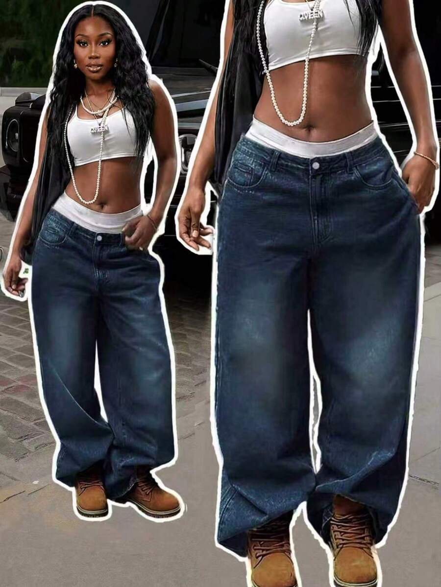 Women's Y2K Washed Vintage Wide Leg Jeans, Vacation & Street Style Casual Spring Fall - Dark Wash - View 1