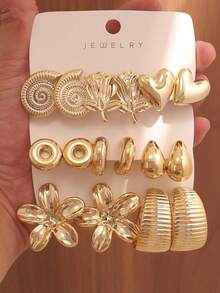 4-16PCS Luxury Gold-Plated Geometric Floral Earring Set, Suitable For Daily Wear, Travel, Vacation, Casual, Commute, Versatile Elegant Jewelry Earring Set, (Lightweight CCB Material) - Gold - View 7