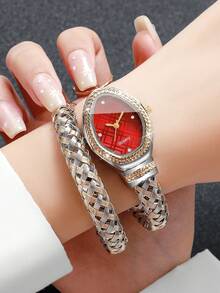 Women's Exquisite Rhinestone-Studded Scale Woven Snake Wrap Bracelet Watch, Fashionable Rhinestone Dial With Gold-Tone Woven Elastic Alloy Band, Luxury Women's Wristwatch, Gift For Girlfriend (1pc/Set) Watch Box Not Included - Multicolor - View 2