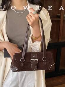 low tea 1pc Baguette Snap Rivet Suede Fabric Shoulder Bag Suitable For Commuting, Shopping, Etc. - Coffee - View 9