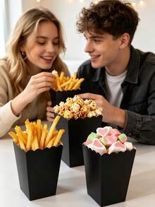 1/10/20PCS Solid Black Paper Popcorn & Fries Containers, Scallop Wave Edge Foldable Disposable Snack Boxes, Party Favor Box For Picnic, Movie Night, Outdoor Holiday Decor - View 5