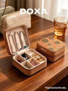 DOXA Vintage Print Portable Jewelry Box, Travel Zipper Jewellery Storage Case, Compact Display Organizer For Rings Necklaces Earrings - Brown - View 1