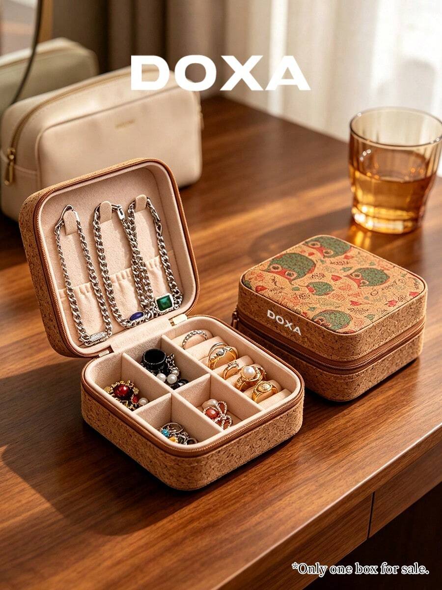 DOXA Vintage Print Portable Jewelry Box, Travel Zipper Jewellery Storage Case, Compact Display Organizer For Rings Necklaces Earrings - Brown - View 1