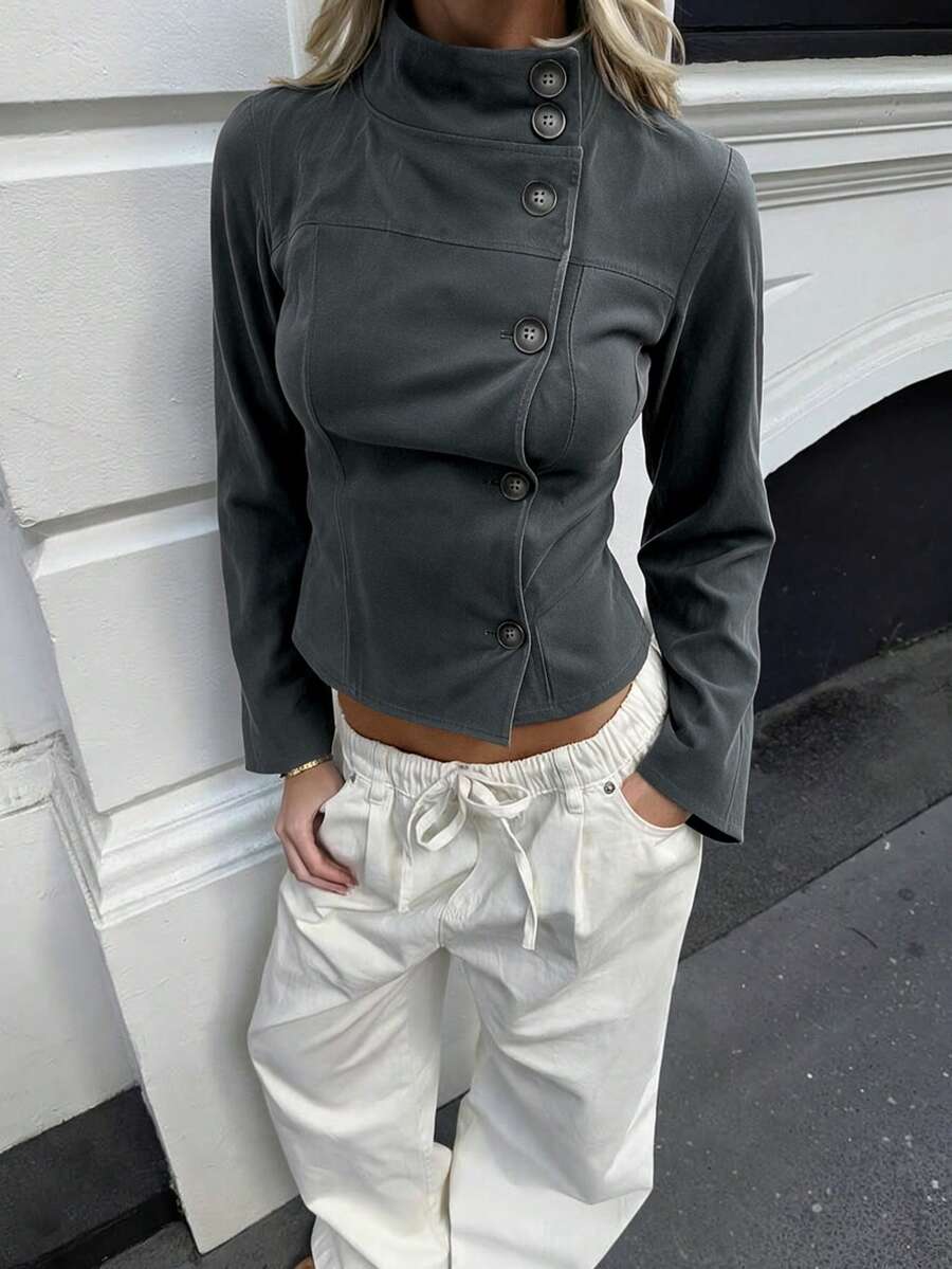Women's Solid Color Stand Collar Casual Versatile Daily Long Sleeve Jacket - Dark Grey - View 1