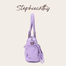 STEPHIECATHY 純色軟洗PU皮革拉鍊開合多口袋單肩斜跨包 女款中性復古休閒校園日常旅行風格 - 紫丁香色 - 查看 4